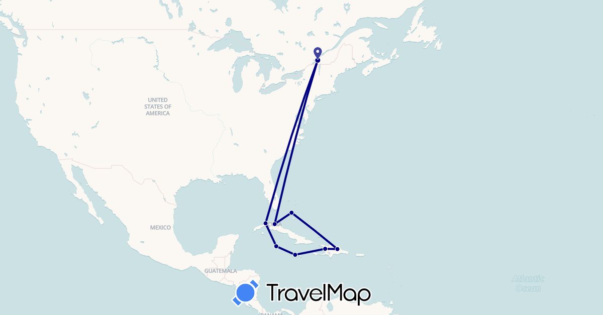 TravelMap itinerary: driving in Bahamas, Canada, Cuba, Dominican Republic, Haiti, Jamaica, Cayman Islands (North America)